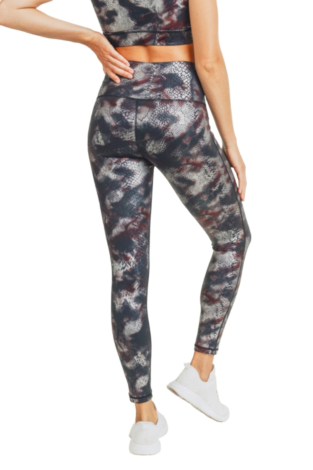 Mono B Foil Snake Print High waist Leggings APH3010 and Plus - Burgundy Foil - Back View