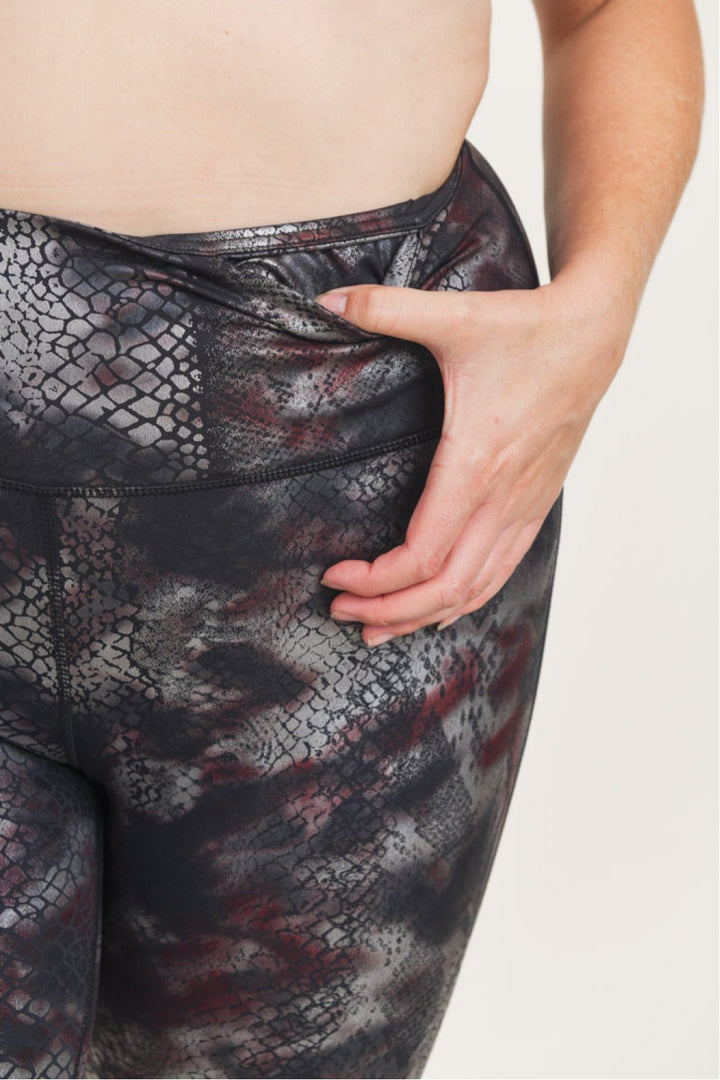 Mono B Foil Snake Print High waist Leggings APH3010 and Plus - Burgundy Foil - Rear View