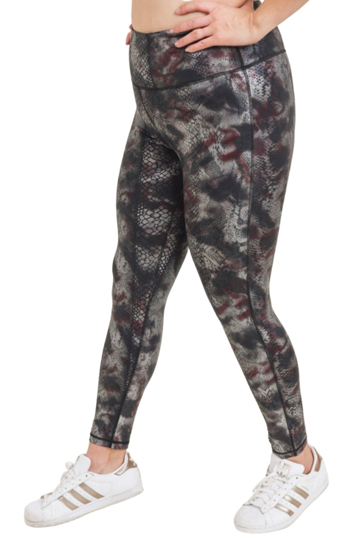 Mono B Foil Snake Print High waist Leggings APH3010 and Plus - Burgundy Foil - Side View