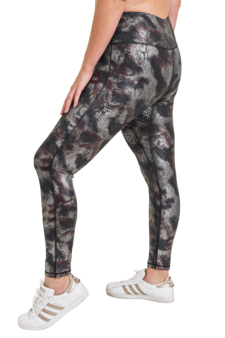 Mono B Foil Snake Print High waist Leggings APH3010 and Plus - Burgundy Foil - Side View