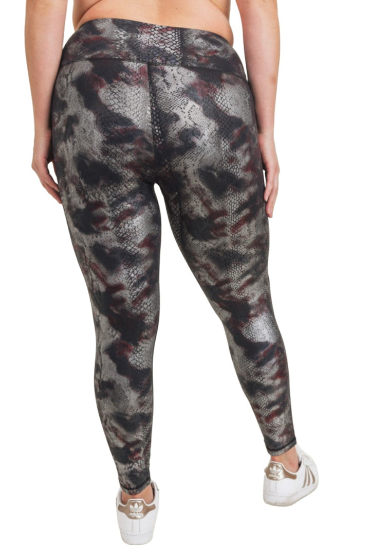 Mono B Foil Snake Print High waist Leggings APH3010 and Plus - Burgundy Foil - Back View