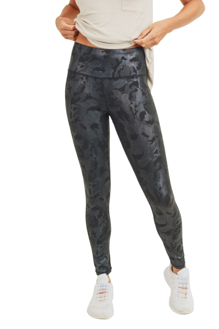 Mono B Camo Holographic Microdot Foil High Waist Leggings APH3037 Plus - Camo Foil - Front View