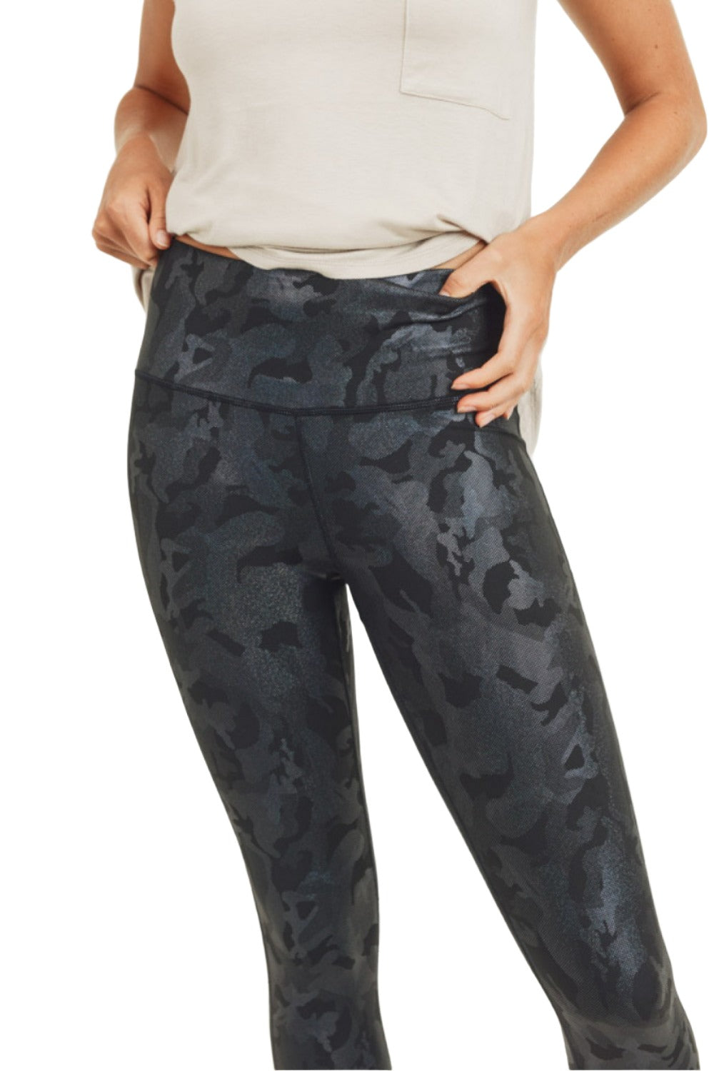 Mono B Camo Holographic Microdot Foil High Waist Leggings APH3037 Plus - Camo Foil - Front View