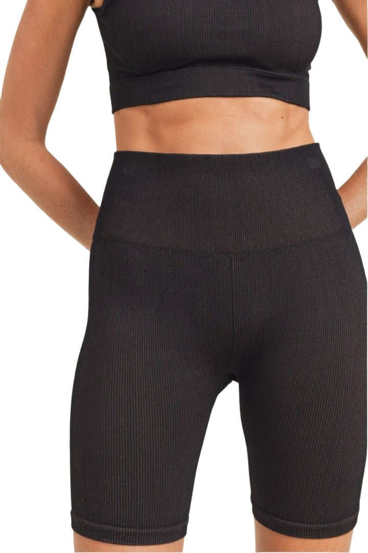 Mono B Rib Dry Brush Seamless High-Waisted Biker Shorts APH3040 - Black/Rust - Rear View