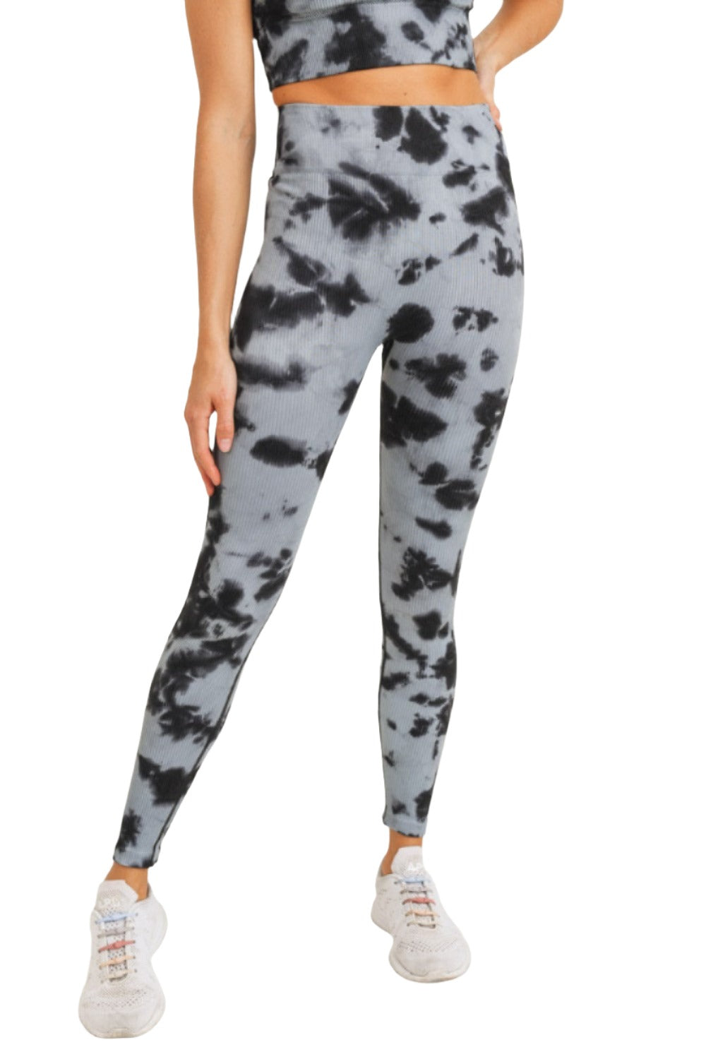 Mono B Smokescreen Tie-Dye Ribbed Seamless Highwaist Leggings APH3049 - Black/Grey - Front View