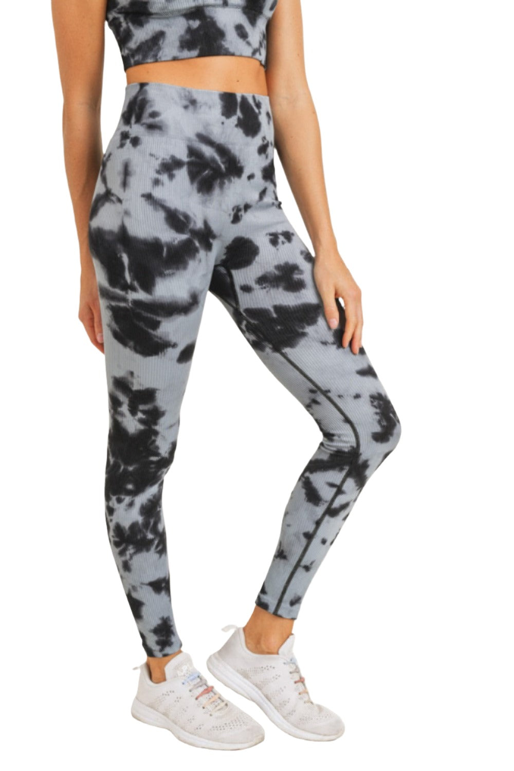 Mono B Smokescreen Tie-Dye Ribbed Seamless Highwaist Leggings APH3049 - Black/Grey - Side View