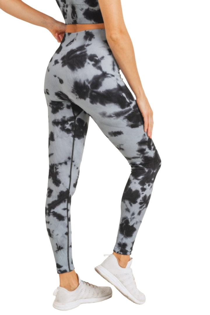 Mono B Smokescreen Tie-Dye Ribbed Seamless Highwaist Leggings APH3049 - Black/Grey - Back View
