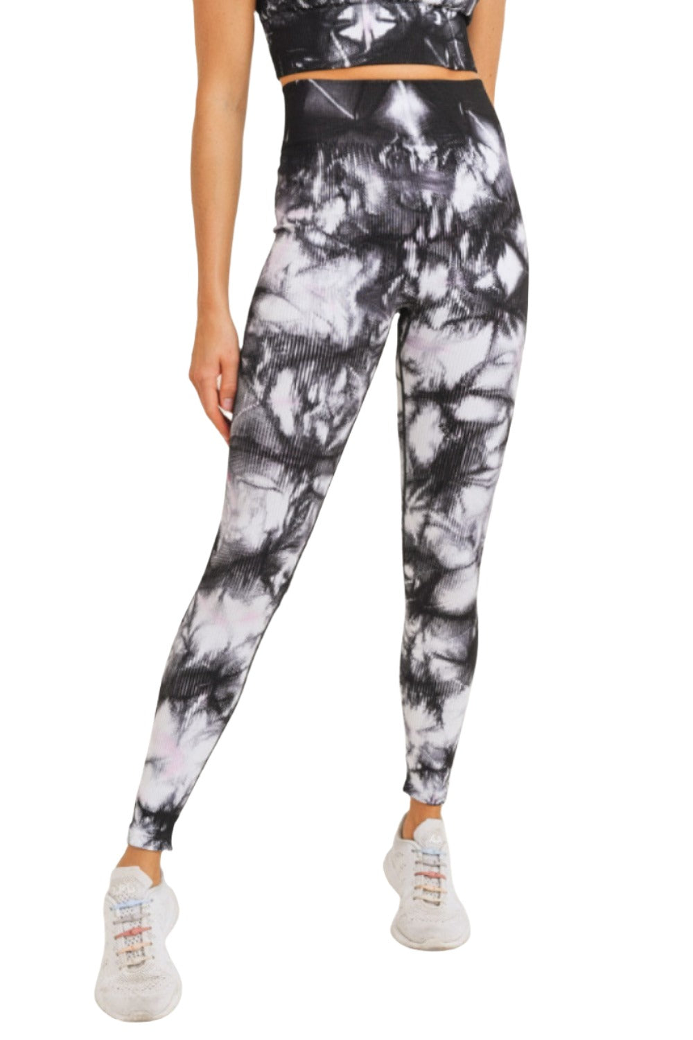 Mono B Smokescreen Tie-Dye Ribbed Seamless Highwaist Leggings APH3049 - Black/White - Front View