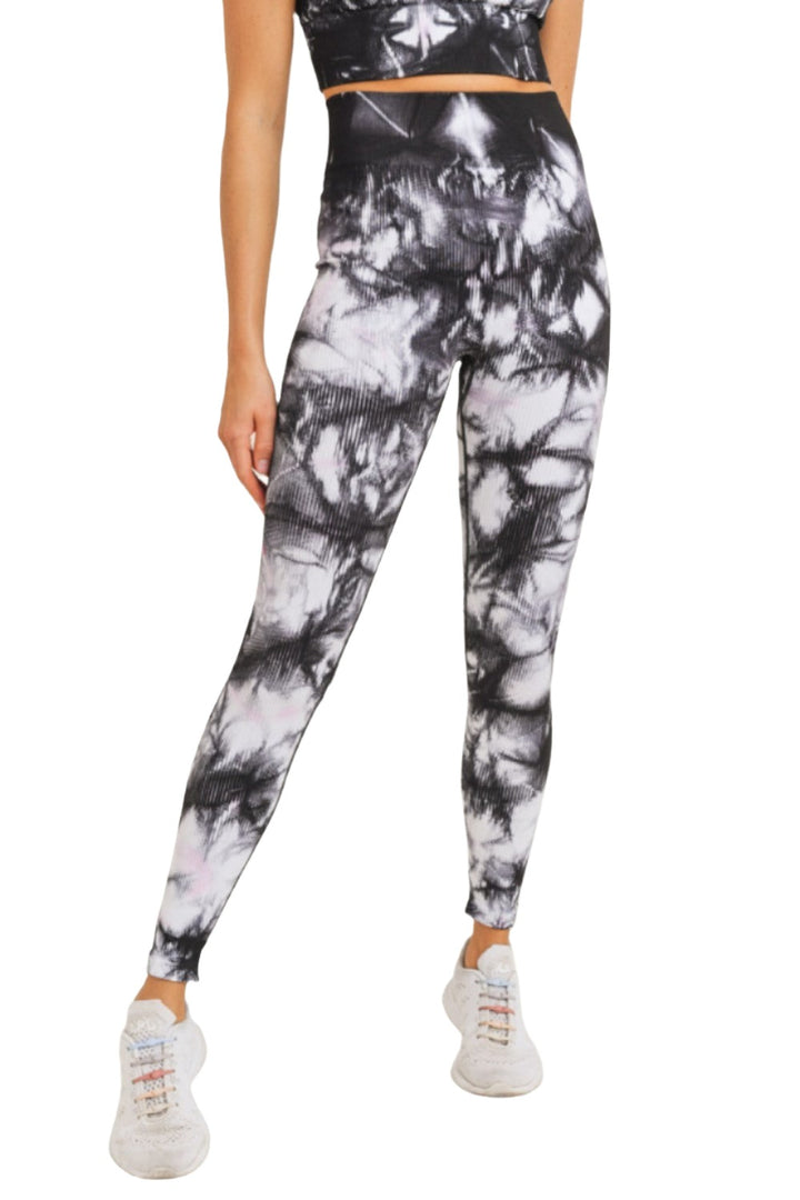 Mono B Smokescreen Tie-Dye Ribbed Seamless Highwaist Leggings APH3049 - Black/White - Front View