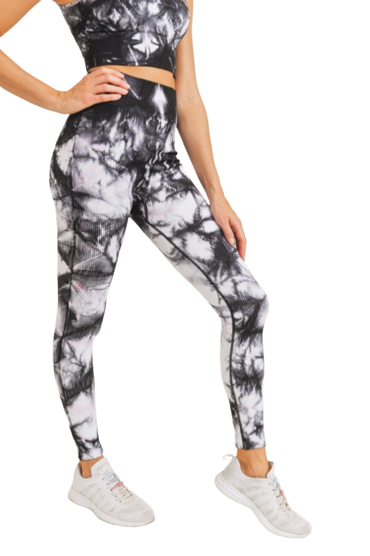 Mono B Smokescreen Tie-Dye Ribbed Seamless Highwaist Leggings APH3049 - Black/White - Side View