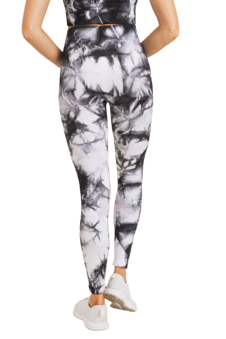 Mono B Smokescreen Tie-Dye Ribbed Seamless Highwaist Leggings APH3049 - Black/White - Back View