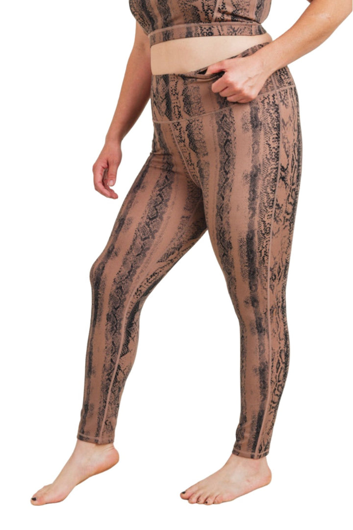 Dark Pink Serpentine Snake Print Highwaist Leggings APH3087 and Plus - Taupe Snake - Side View