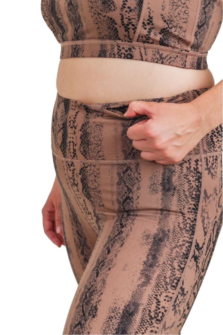 Dark Pink Serpentine Snake Print Highwaist Leggings APH3087 and Plus - Taupe Snake - Rear View