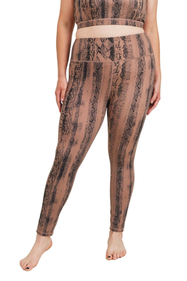 Dark Pink Serpentine Snake Print Highwaist Leggings APH3087 and Plus - Taupe Snake - Front View2