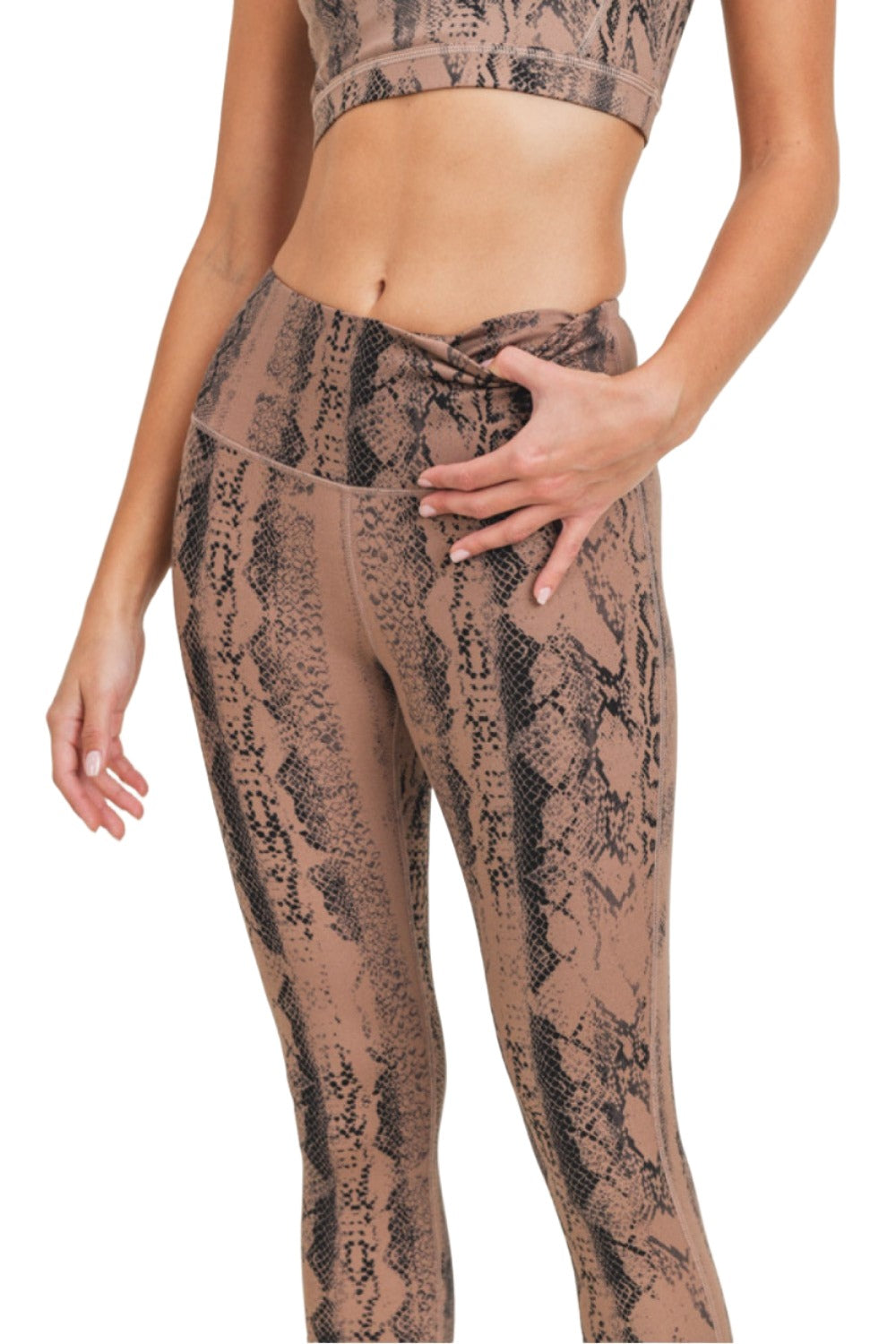 Dark Pink Serpentine Snake Print Highwaist Leggings APH3087 and Plus - Taupe Snake - Front View