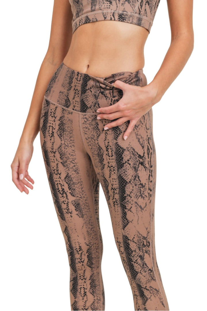Dark Pink Serpentine Snake Print Highwaist Leggings APH3087 and Plus - Taupe Snake - Front View