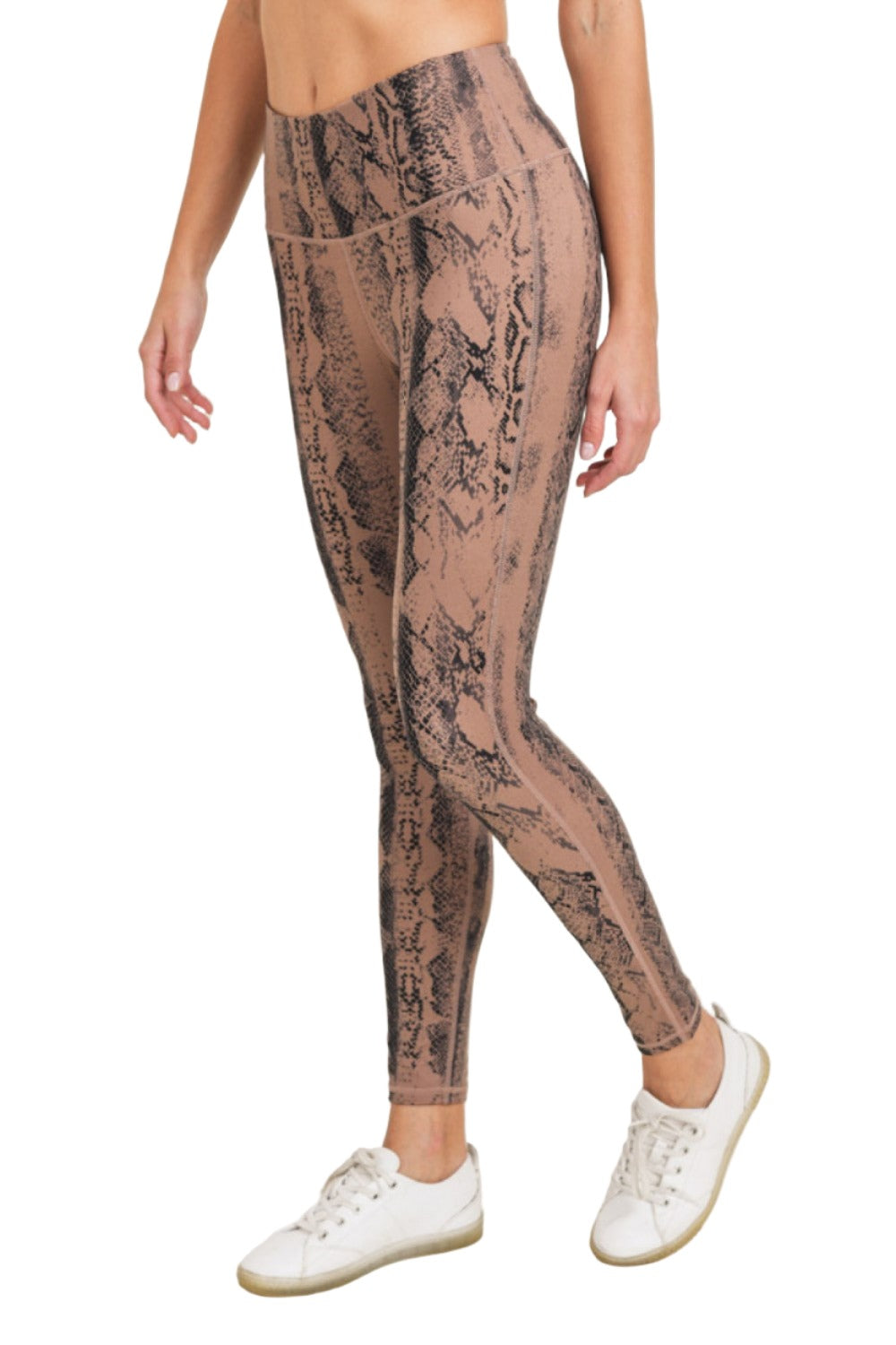 Dark Pink Serpentine Snake Print Highwaist Leggings APH3087 and Plus - Taupe Snake - Side View