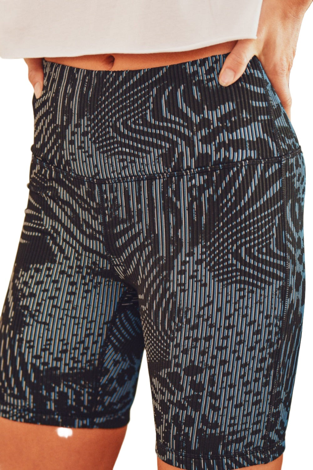Mono B Textured Safari Jacquard High-Waisted Biker Shorts APH3164 - Black/Blue - Rear View