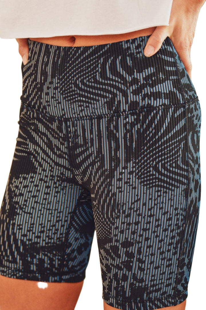 Mono B Textured Safari Jacquard High-Waisted Biker Shorts APH3164 - Black/Blue - Rear View