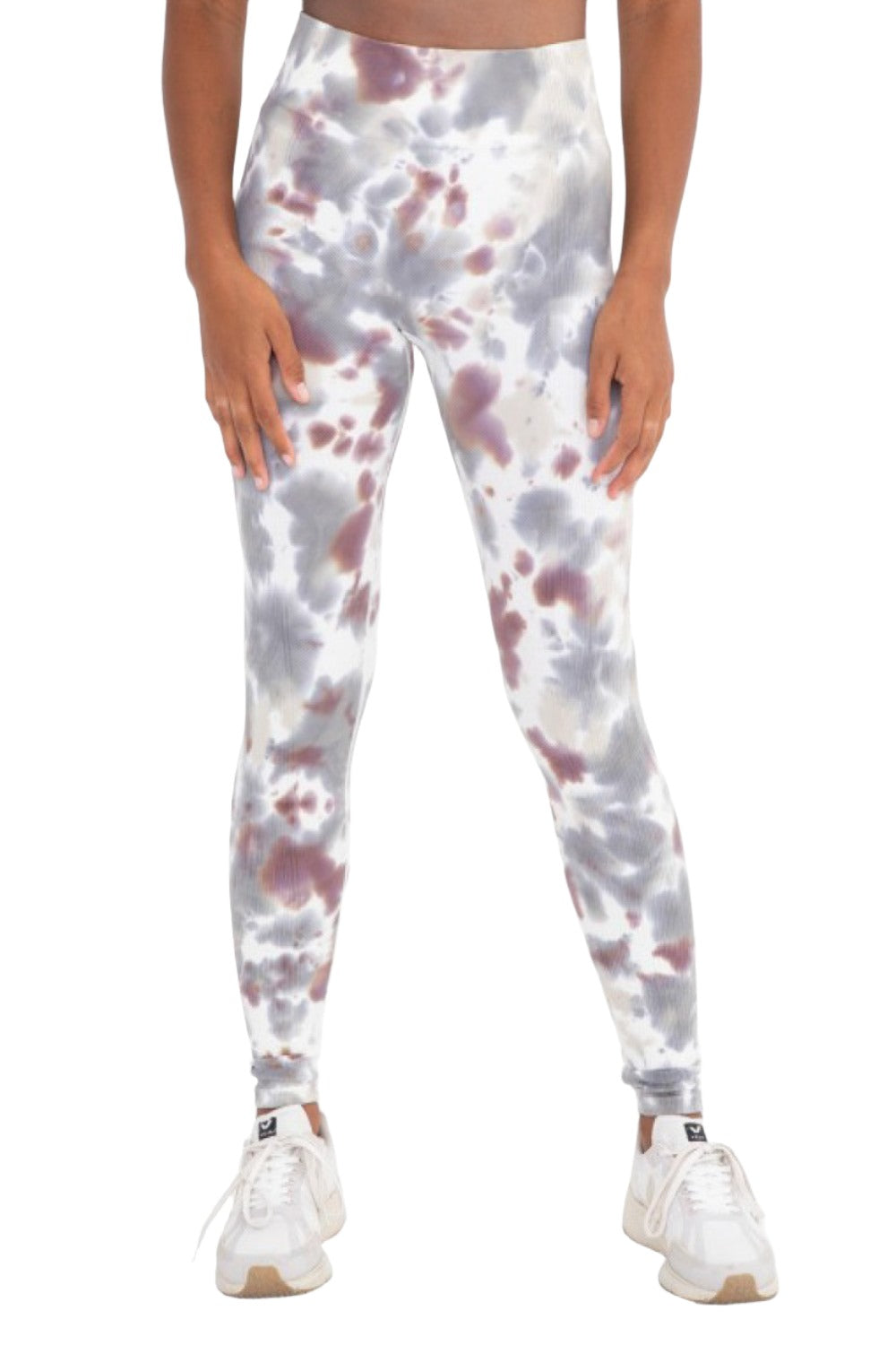Mono B Seamless Ribbed Tie-Dye Leggings APH3176 - Grey Purple Tie Dye - Front View