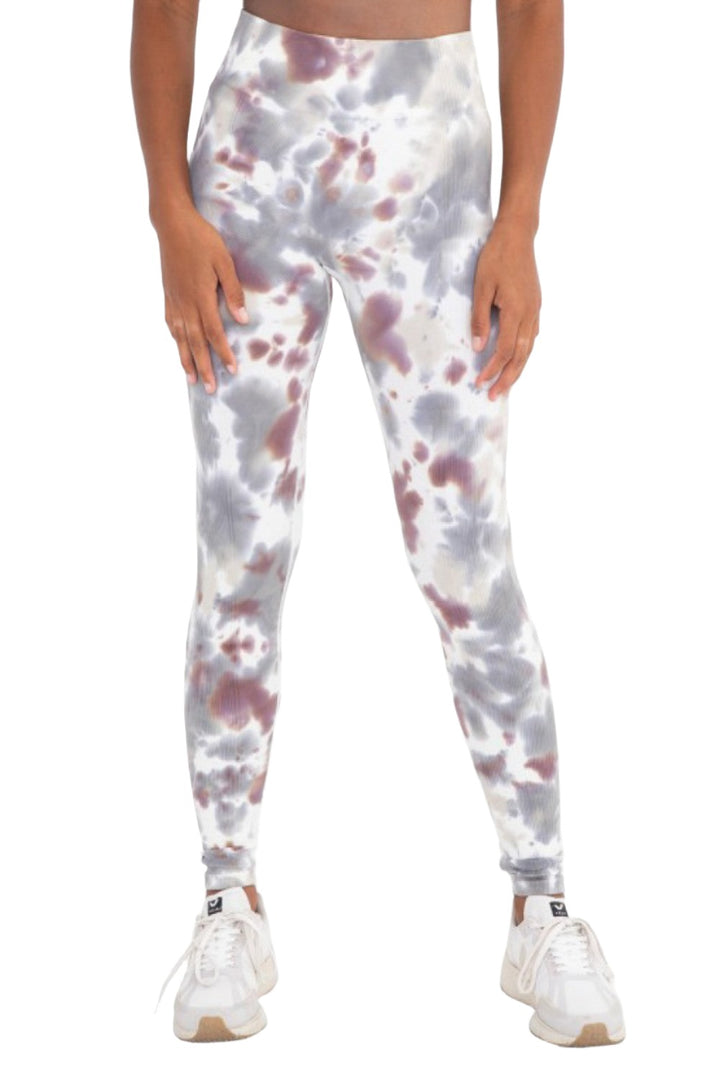 Mono B Seamless Ribbed Tie-Dye Leggings APH3176 - Grey Purple Tie Dye - Front View