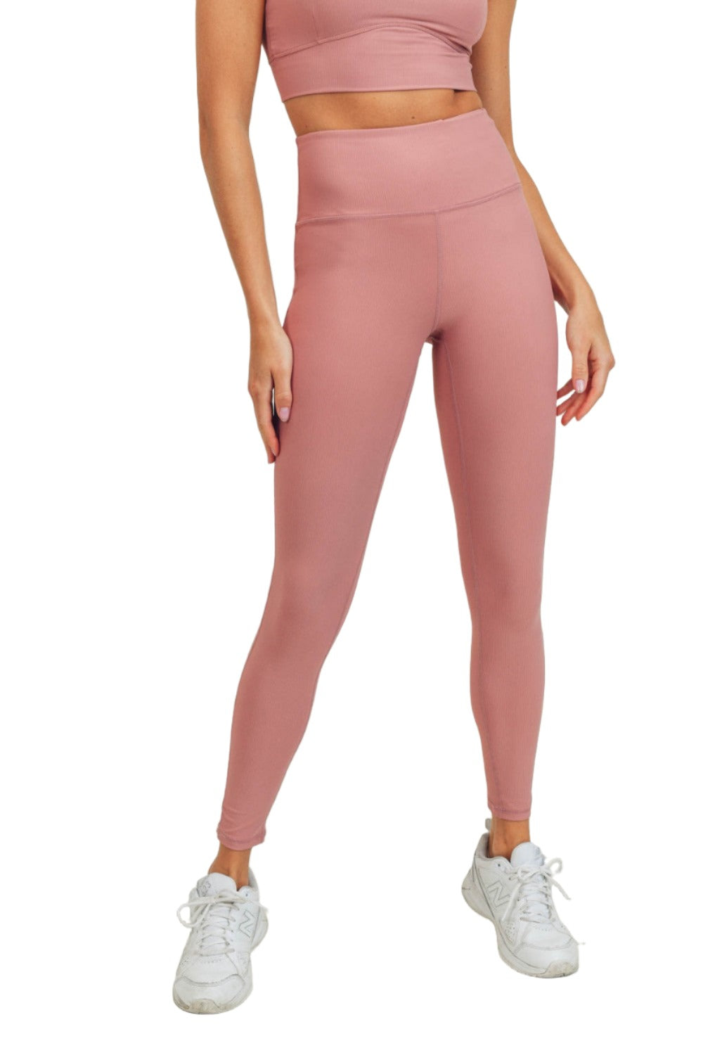 Mono B Micro-Ribbed Lycra-Blend Swoop Back High-Waist Leggings APH3192 - Ash Rose - Front View