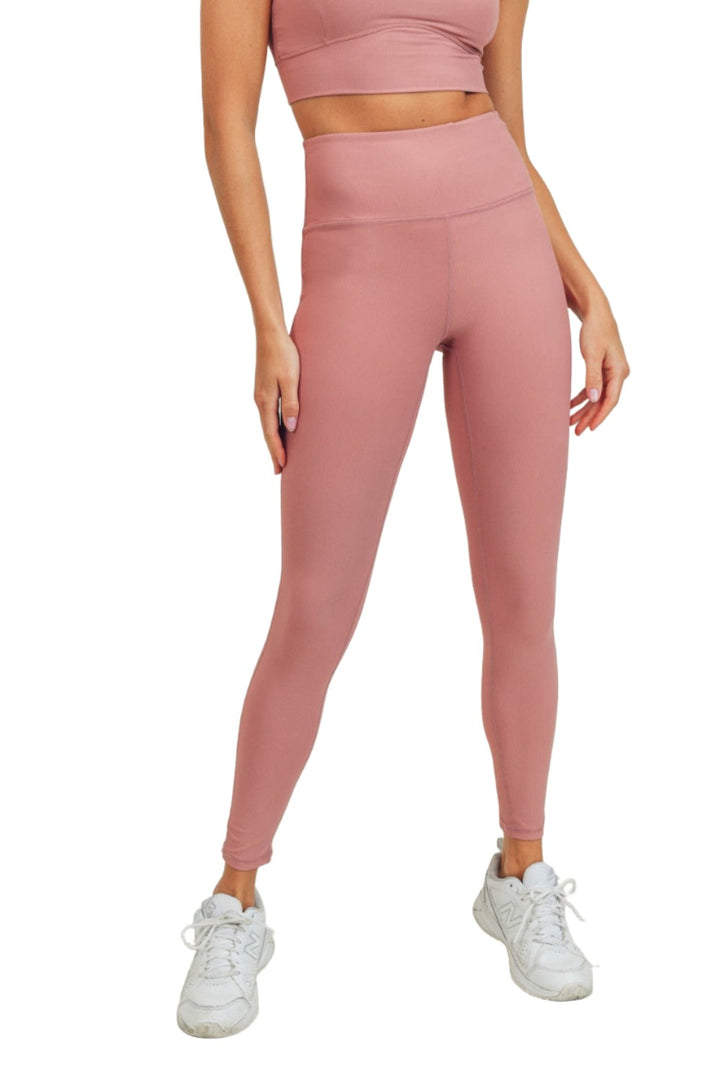 Mono B Micro-Ribbed Lycra-Blend Swoop Back High-Waist Leggings APH3192 - Ash Rose - Front View