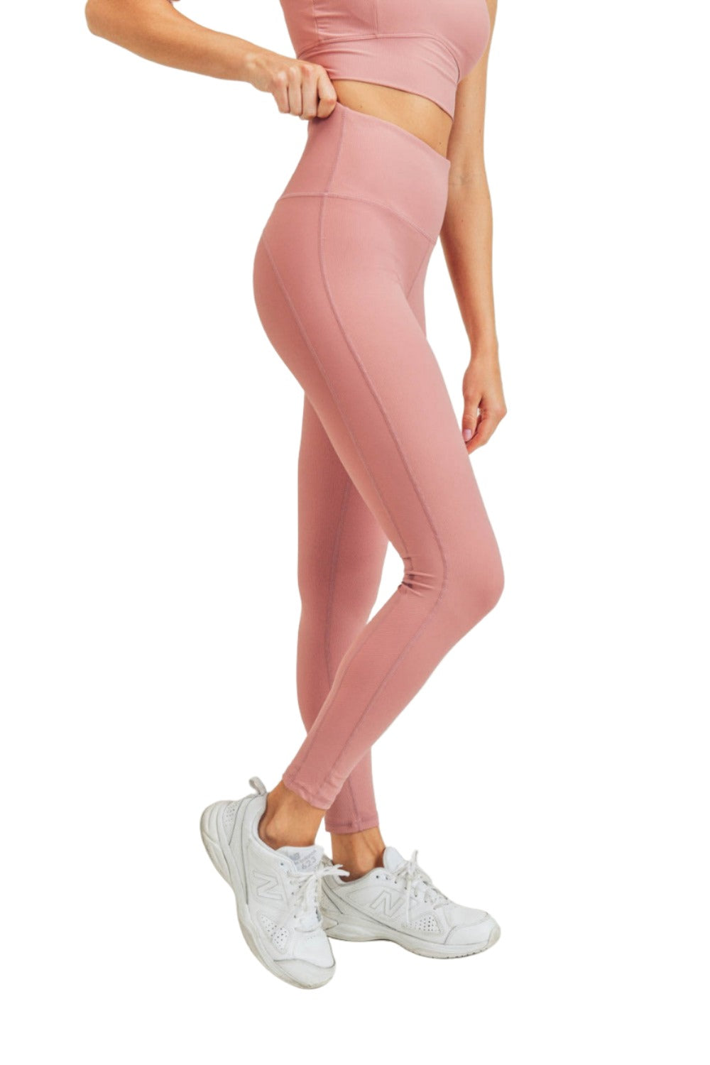 Mono B Micro-Ribbed Lycra-Blend Swoop Back High-Waist Leggings APH3192 - Ash Rose - Side View