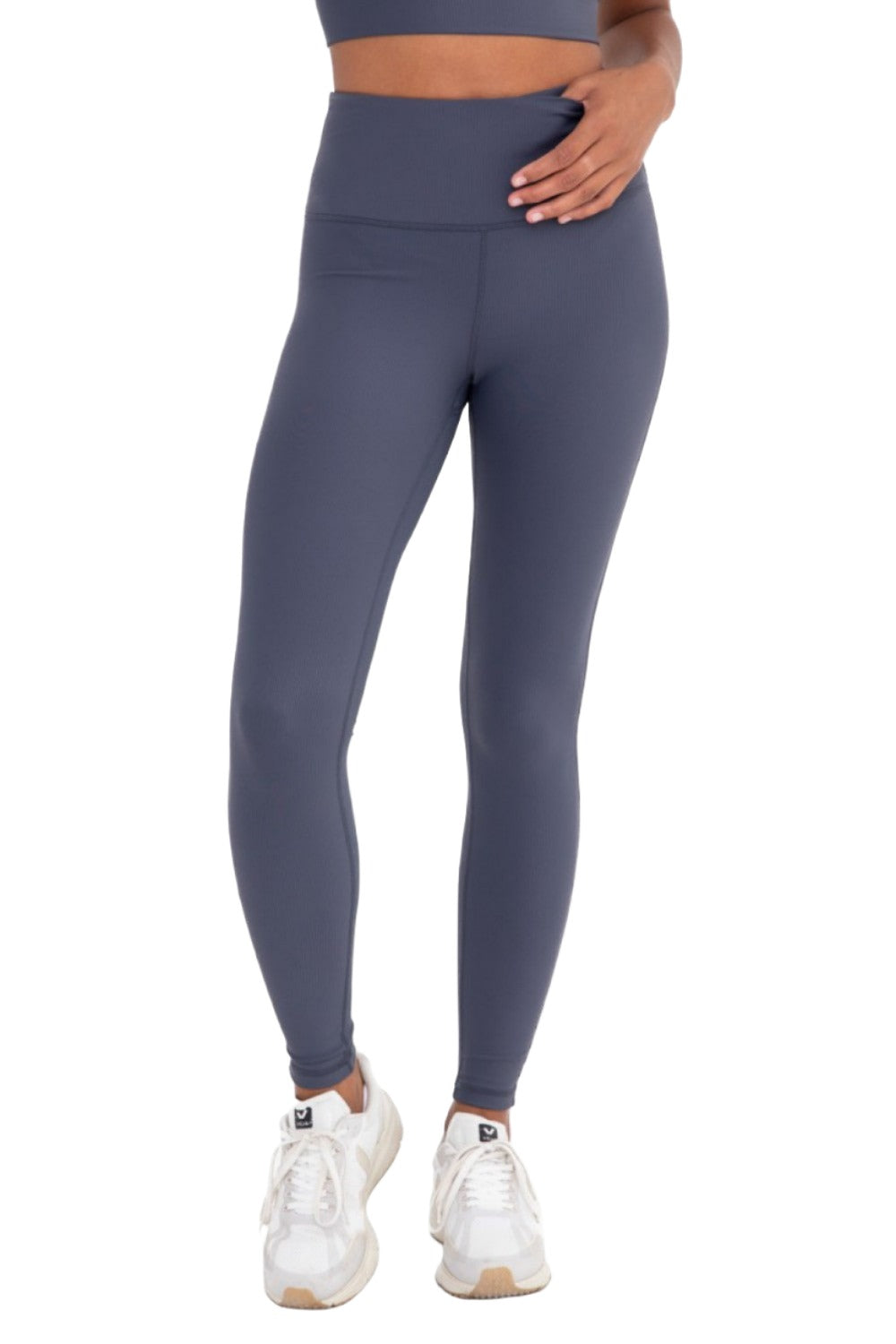 Mono B Micro-Ribbed Lycra-Blend Swoop Back High-Waist Leggings APH3192 - Grey Blue - Front View