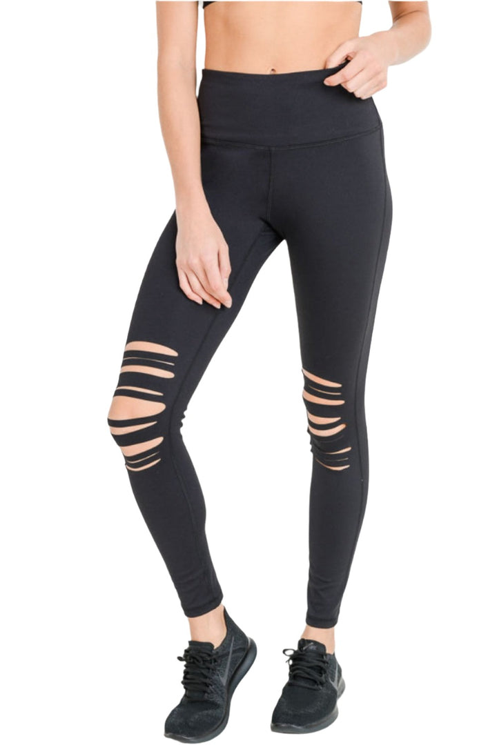 Mono B Shredded Knee Laser-Cut High Waist Leggings APH6151 - Black - Front View