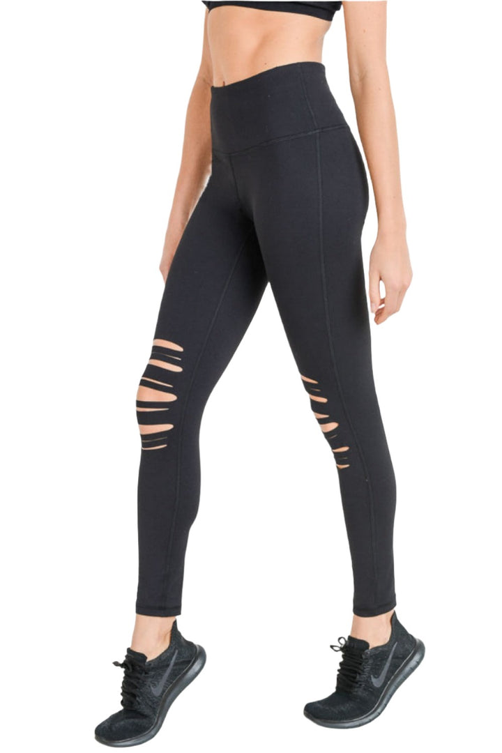 Mono B Shredded Knee Laser-Cut High Waist Leggings APH6151 - Black - Side View
