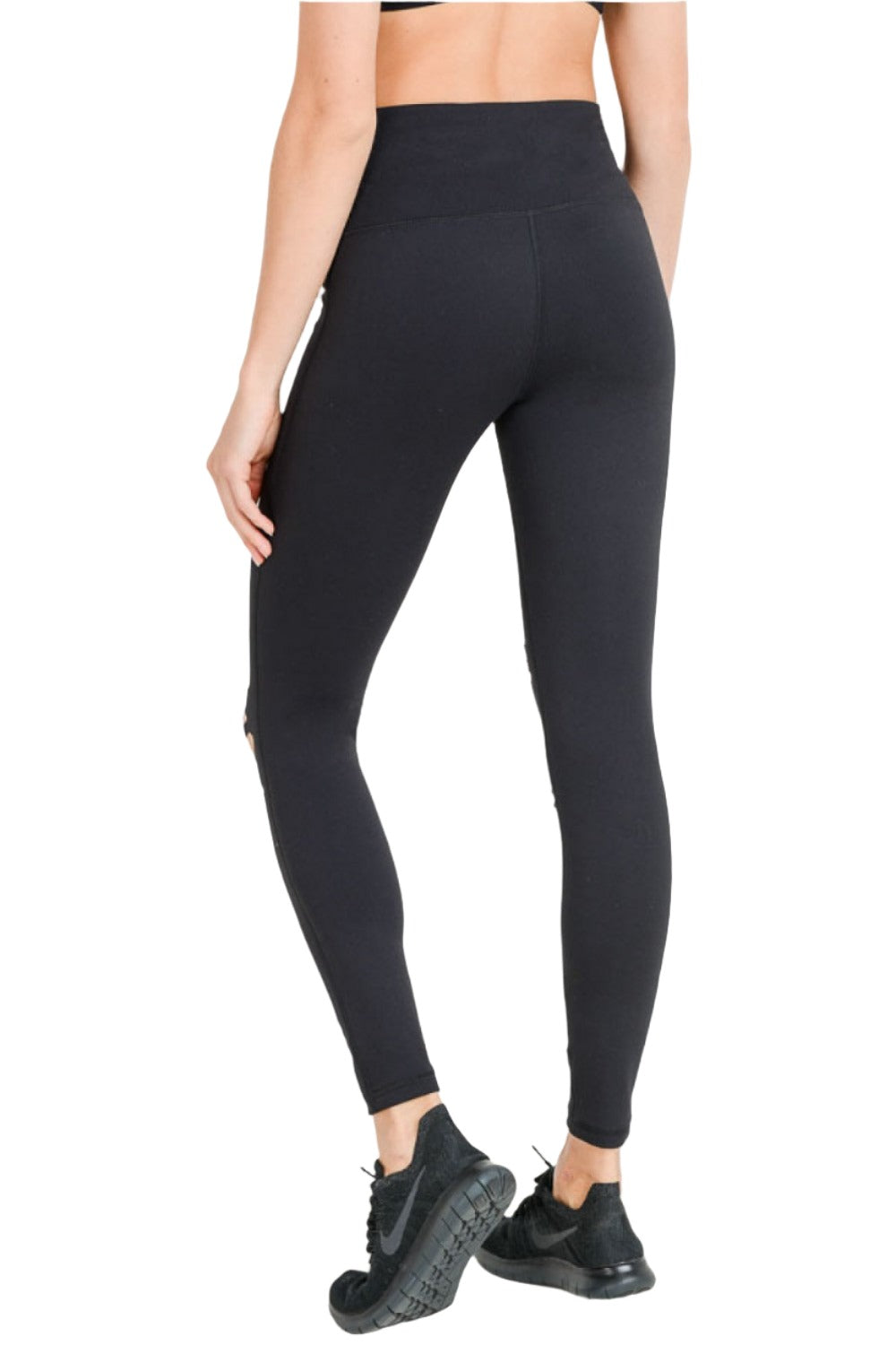 Mono B Shredded Knee Laser-Cut High Waist Leggings APH6151 - Black - Back View