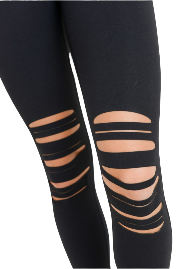 Mono B Shredded Knee Laser-Cut High Waist Leggings APH6151 - Black - Rear View