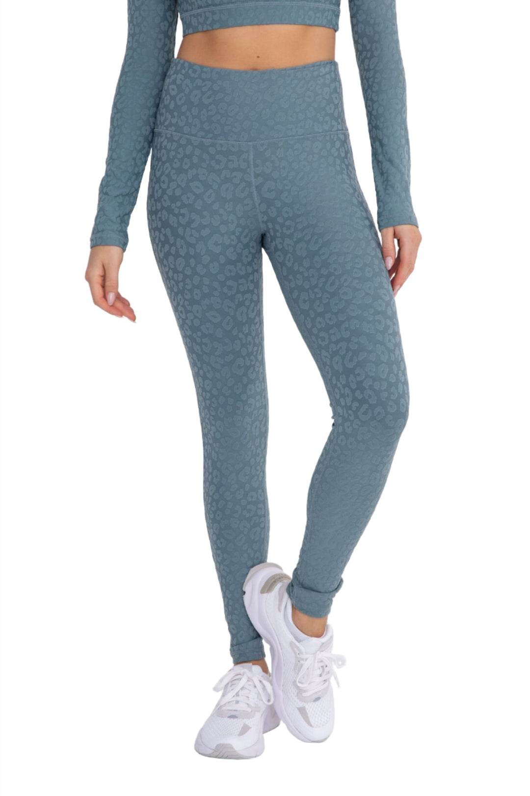 Mono B Leopard Jacquard High-Waist Leggings APH8029and Plus - Sea - Front View