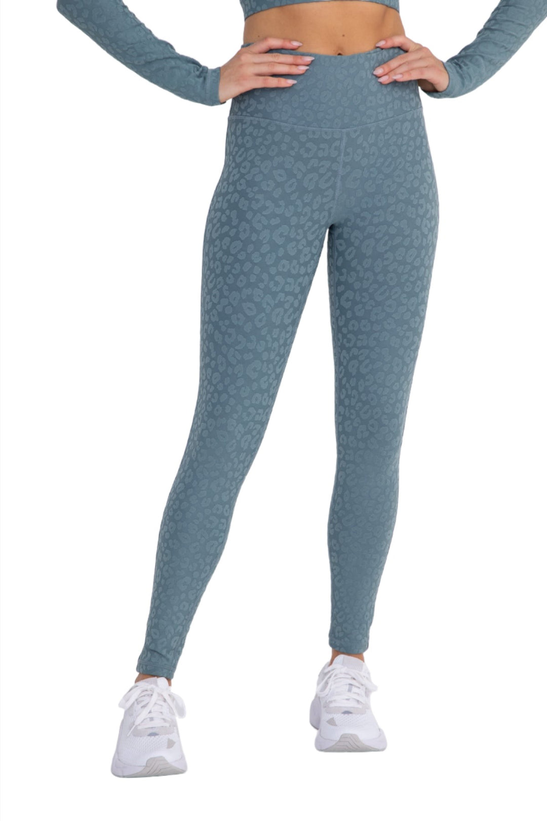 Mono B Leopard Jacquard High-Waist Leggings APH8029and Plus - Sea - Front View