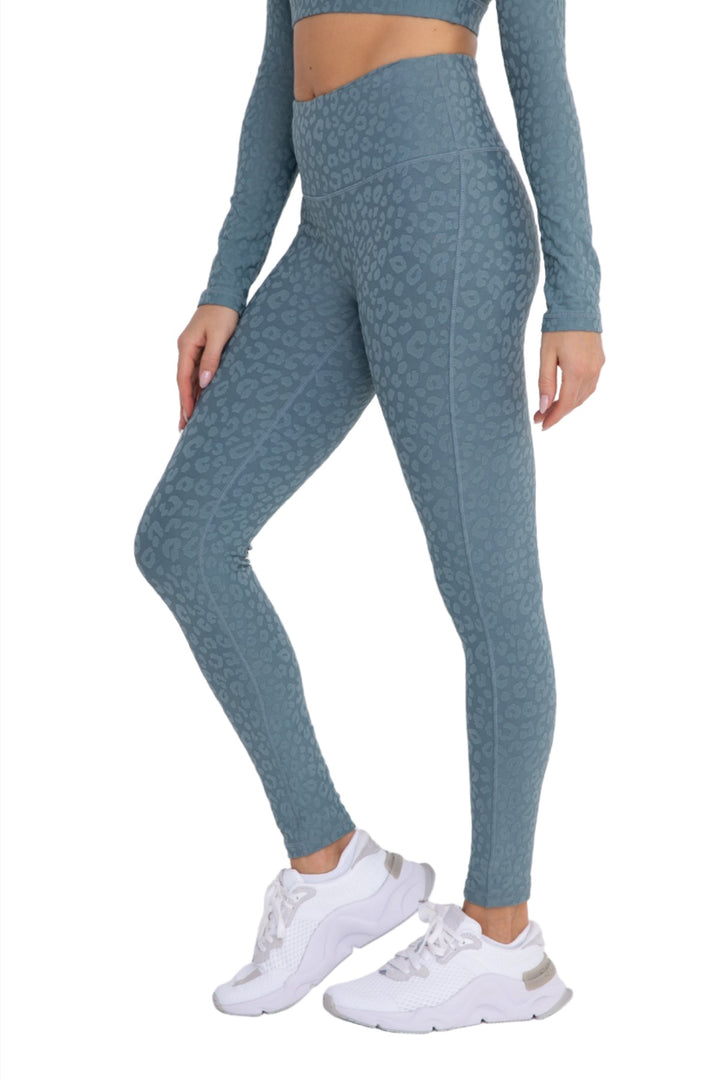 Mono B Leopard Jacquard High-Waist Leggings APH8029and Plus - Sea - Side View
