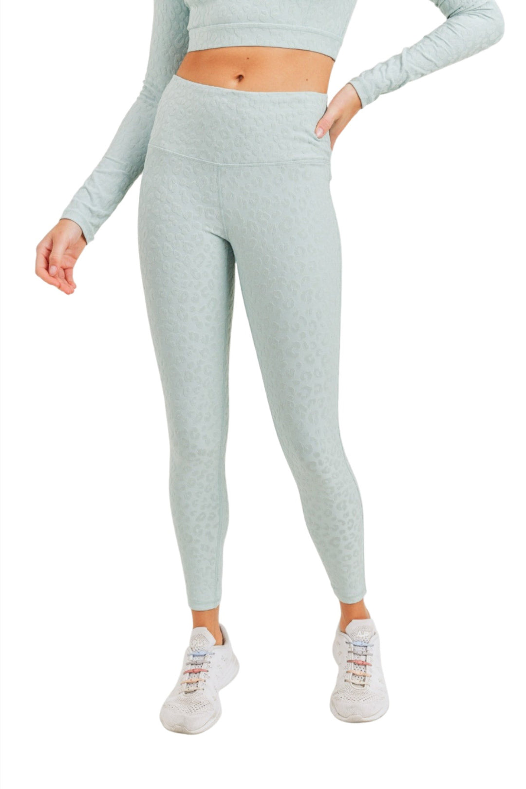 Mono B Leopard Jacquard High-Waist Leggings APH8029and Plus - Surf Spray - Front View