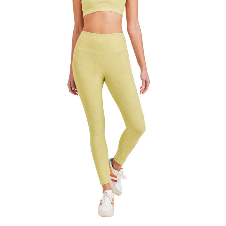 Mono B Jacquard Floral High-Waisted Leggings APH8073 - Pale Olive - Front View