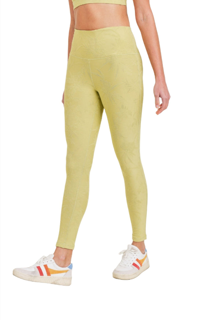 Mono B Jacquard Floral High-Waisted Leggings APH8073 - Pale Olive - Side View
