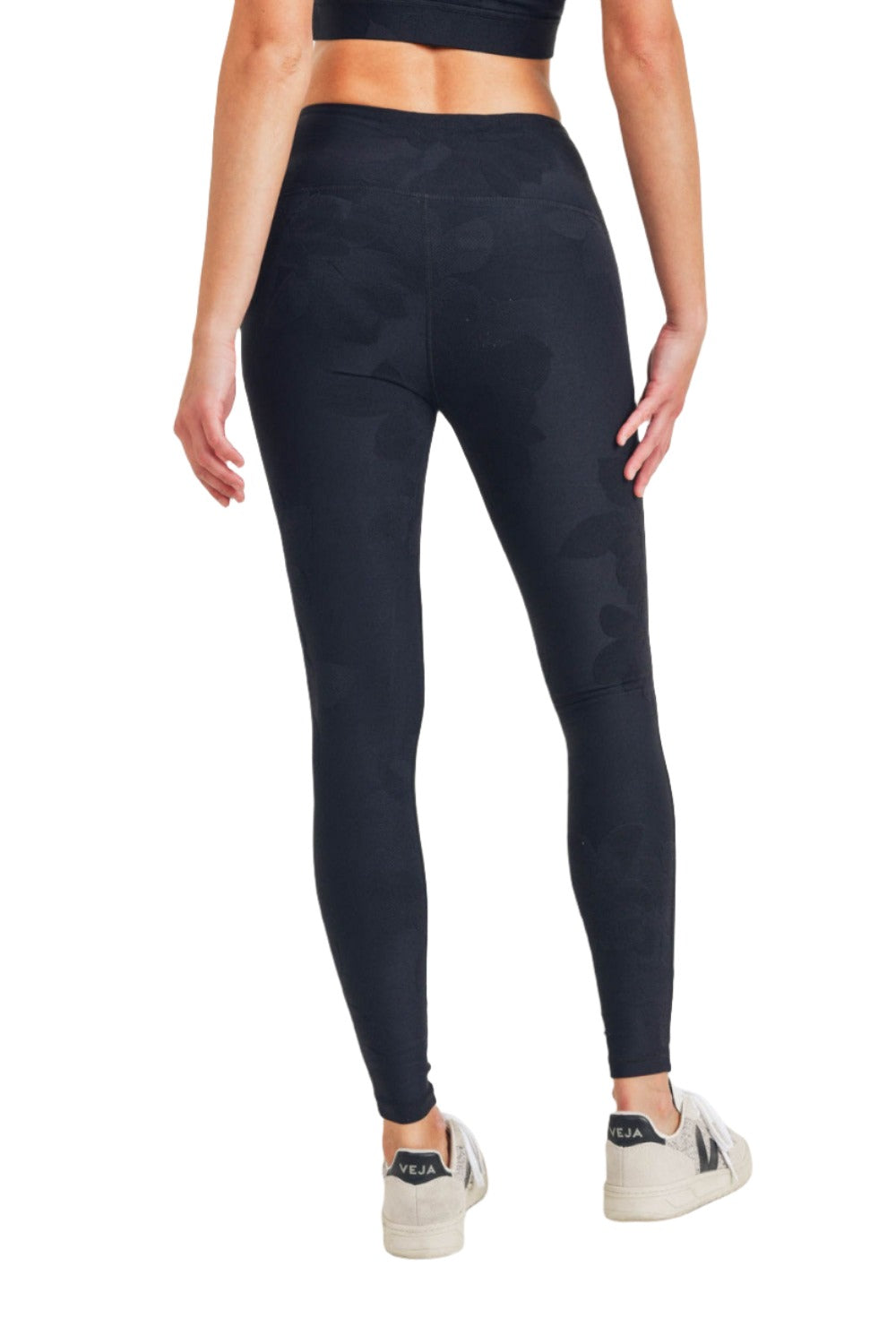 Mono B Textured Flower Jacquard Highwaist Leggings APH8078 - Black - Back View