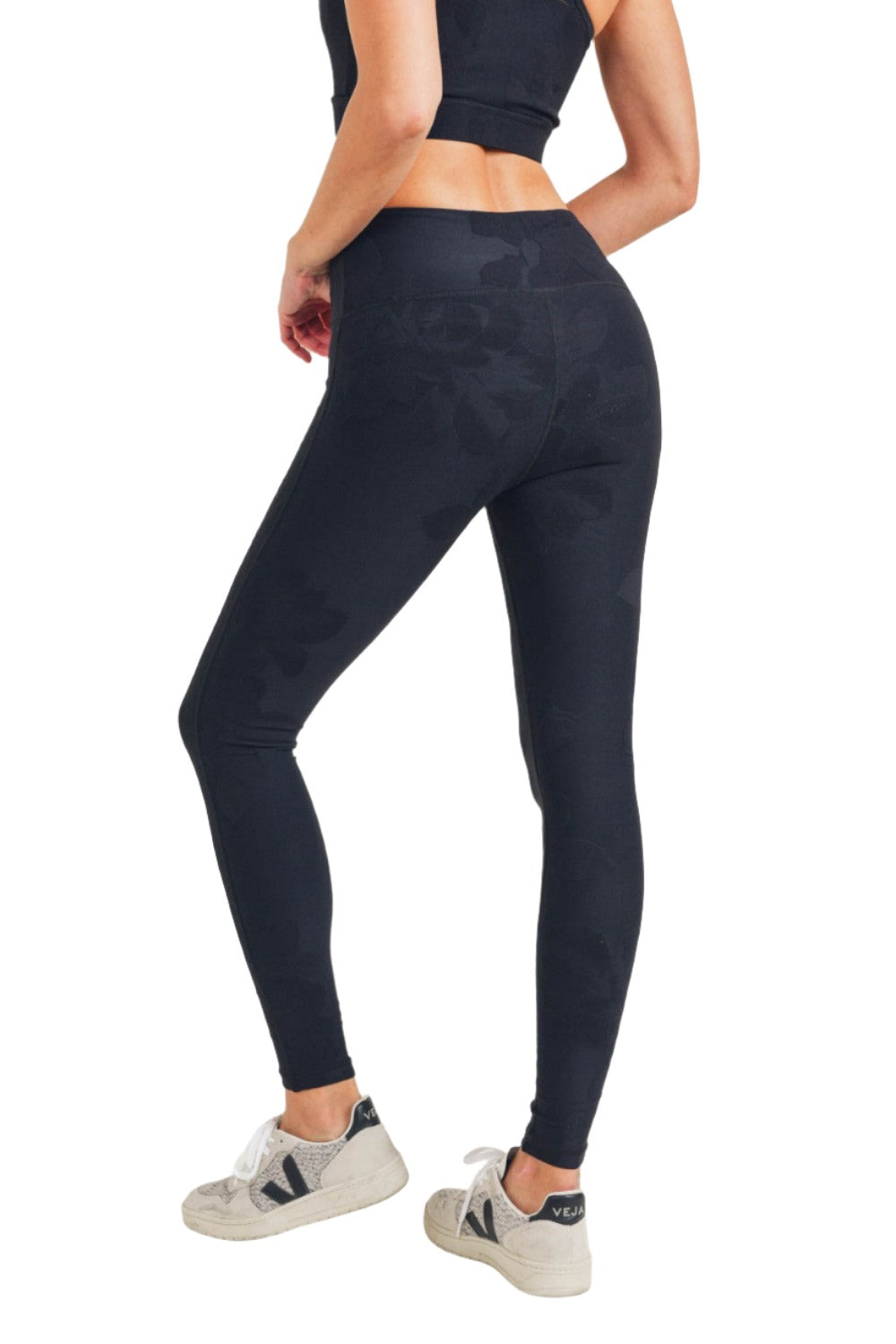 Mono B Textured Flower Jacquard Highwaist Leggings APH8078 - Black - Back View