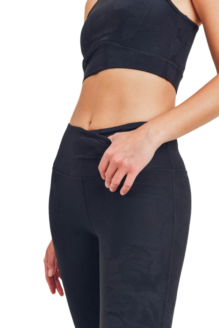 Mono B Textured Flower Jacquard Highwaist Leggings APH8078 - Black - Side Rear View