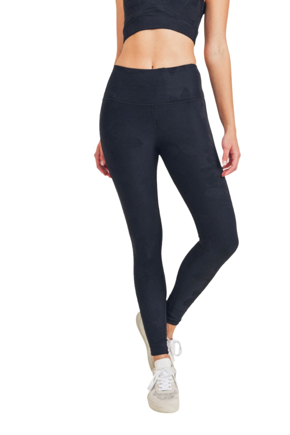 Mono B Textured Flower Jacquard Highwaist Leggings APH8078 - Black - Front View