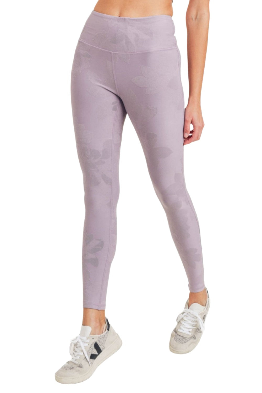 Mono B Textured Flower Jacquard Highwaist Leggings APH8078 - Nirvana - Front View