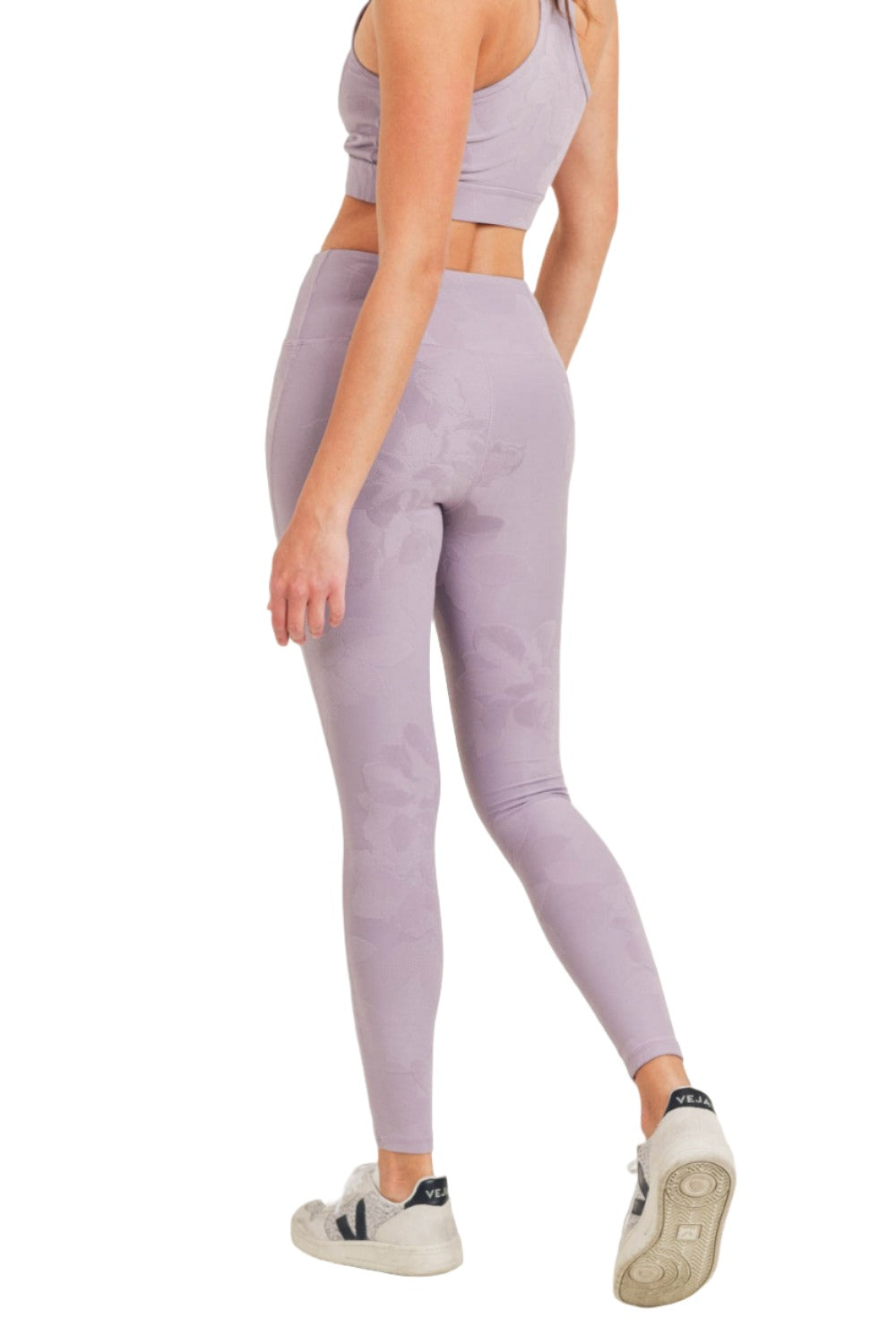 Mono B Textured Flower Jacquard Highwaist Leggings APH8078 - Nirvana - Back Side View