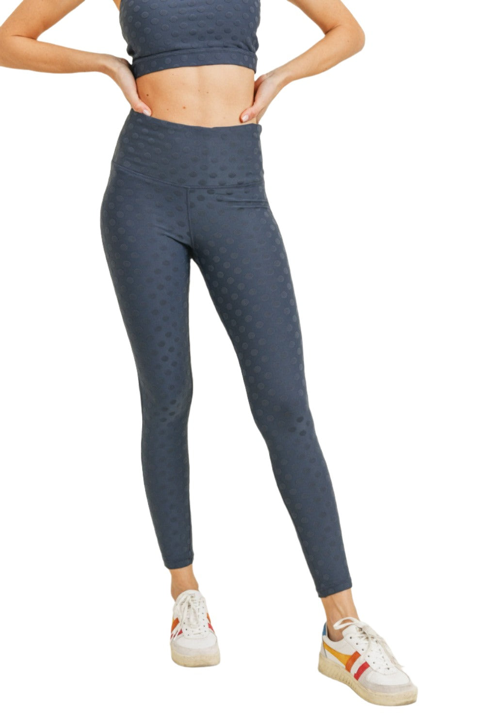 Mono B Textured Polka dot Jacquard TACTEL® High Waist Leggings APH8088 - Grey Blue - Front View