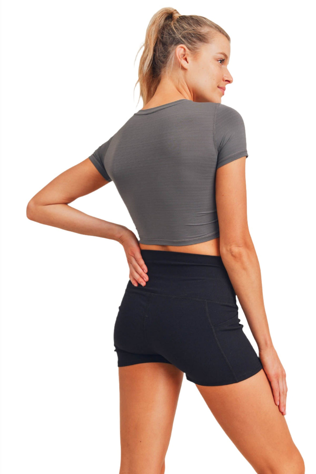 Mono B Perforated Ruched Crop AT-A038 - Grey - Back Side View