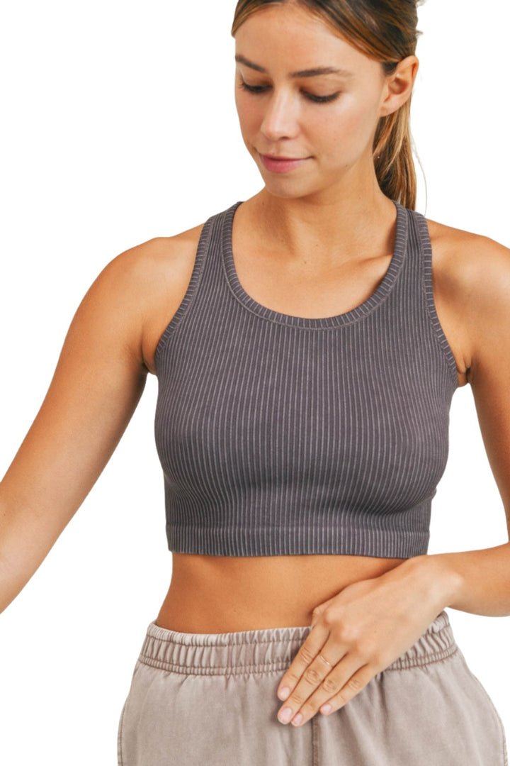 Mono B Seamless Rib Crop Top AT-A0421 - Chocolate - Front Closed View