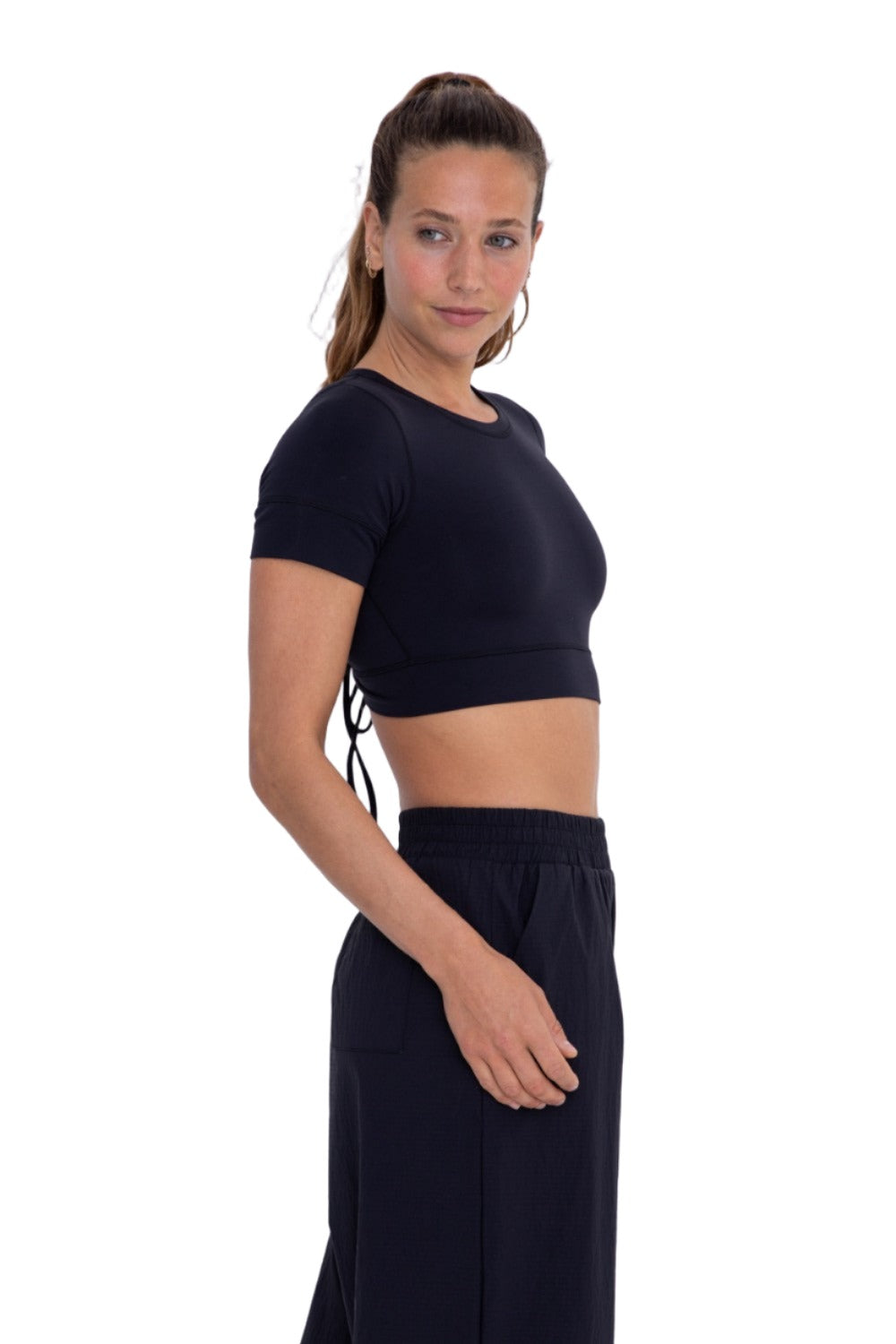 Mono B Crop Short Sleeve Peek Back Top AT-A0534 - Black - Side View