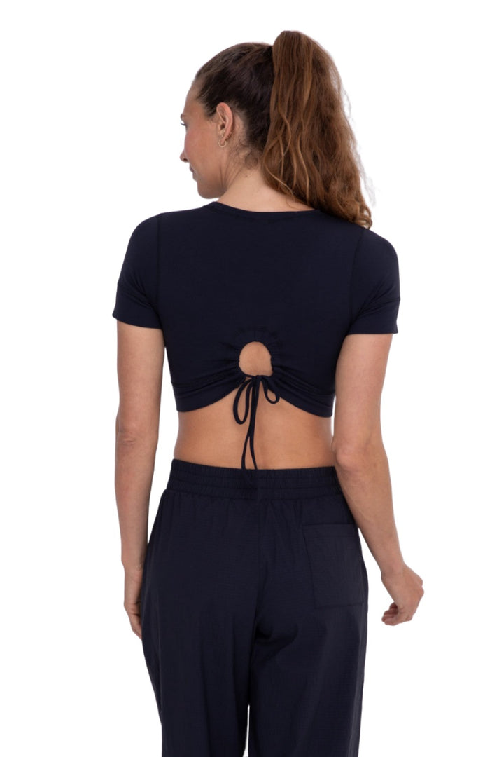 Mono B Crop Short Sleeve Peek Back Top AT-A0534 - Black - Back View